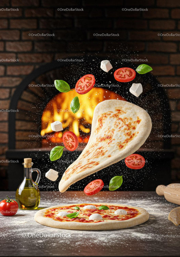 Fresh ingredients floating over pizza dough in kitchen