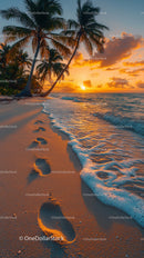 Sunset Over Tropical Beach with Palm Trees and Clear Ocean Water