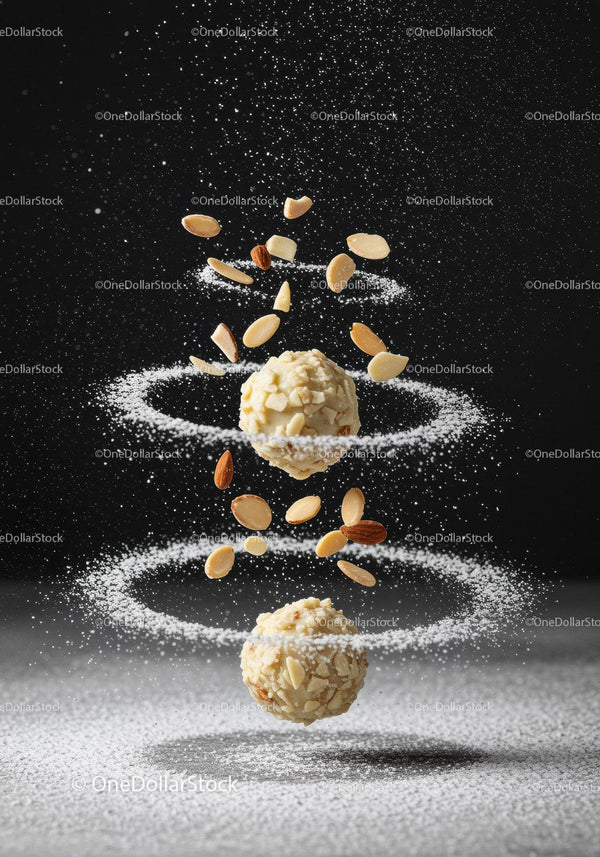 Almond truffles surrounded by swirling powdered sugar