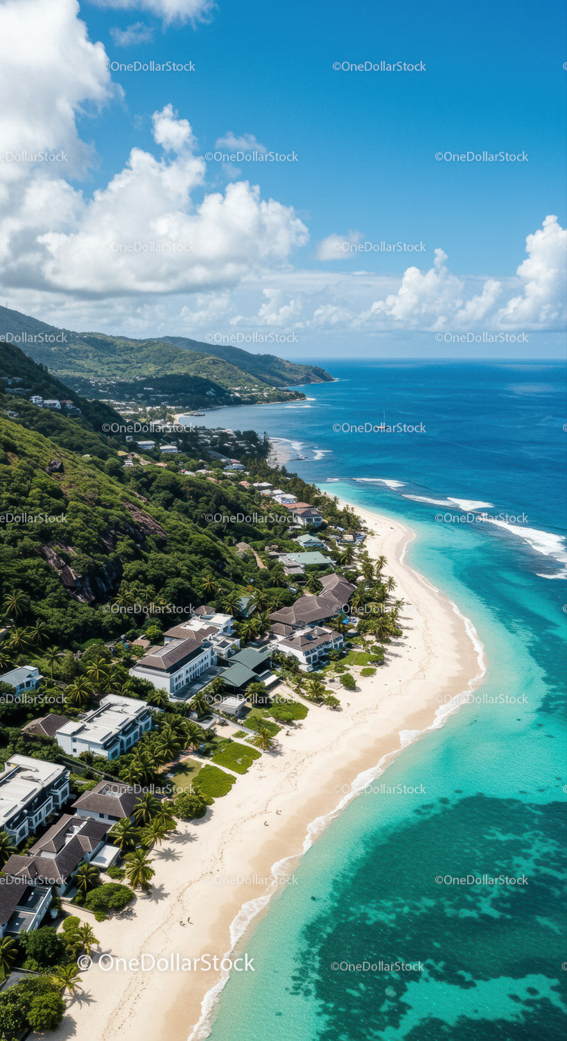 Tropical Beach with Luxurious Villas and Clear Blue Ocean