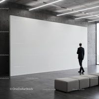 Man walking past large blank white gallery wall