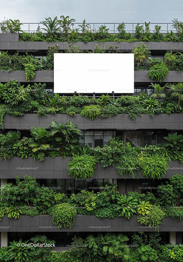 Modern building facade covered with lush green plants Editable PSD Mockup