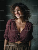 Joyful Young Woman with Curly Hair Wearing Trendy Outfit