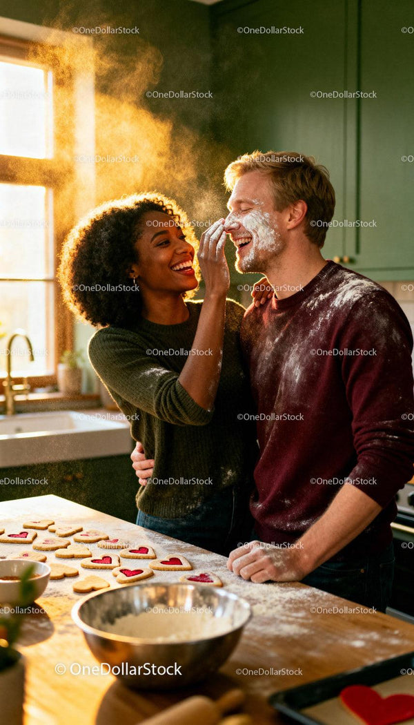 Couple Playfully Baking Heart Cookies in Warm Kitchen