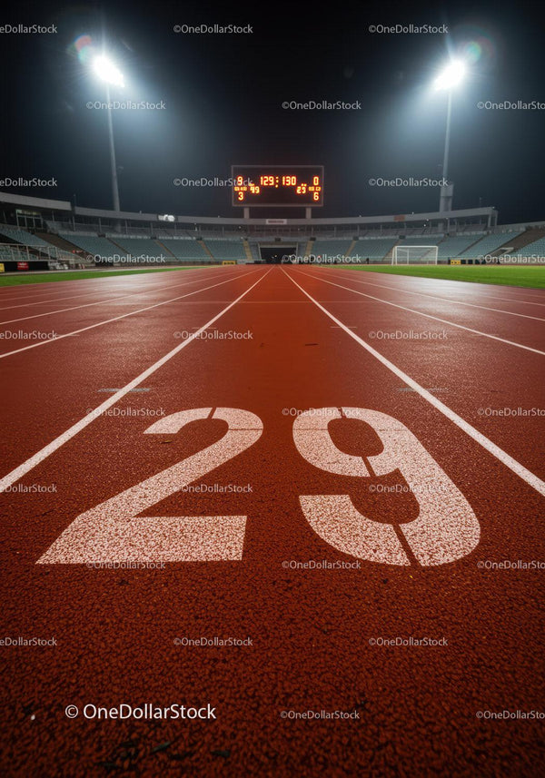 Pusty nocny stadion z torem lekkoatletycznym i oznaczeniem toru 29