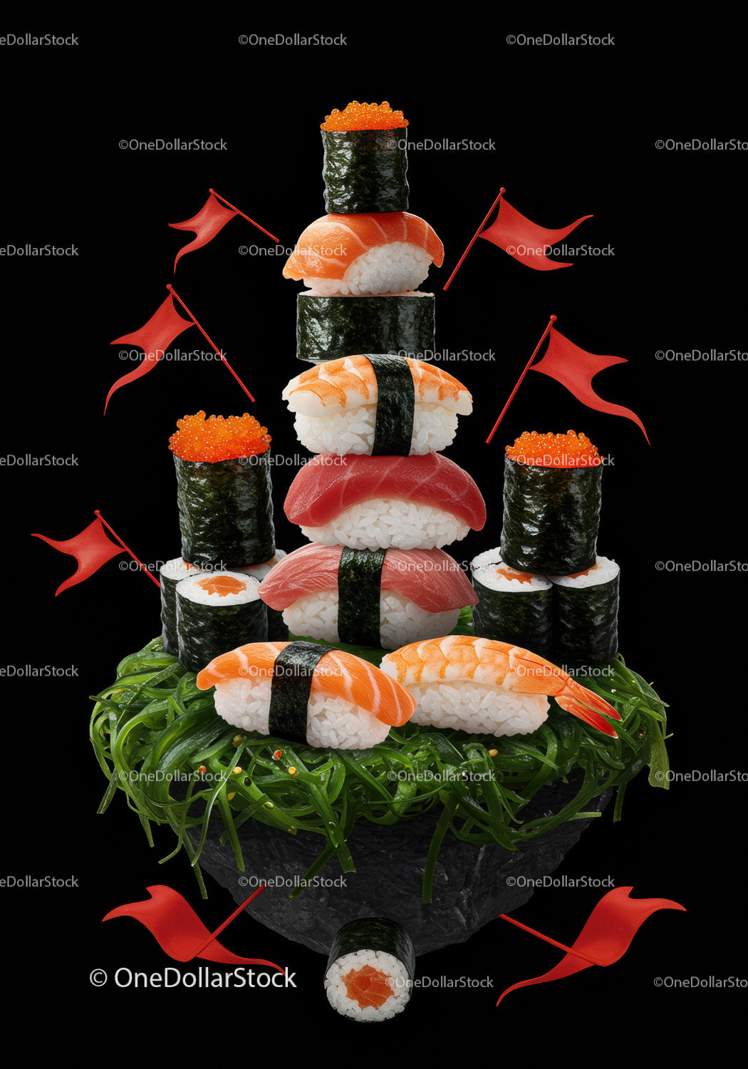 Kreatywna wieża sushi z czerwonymi flagami na łożu wodorostów