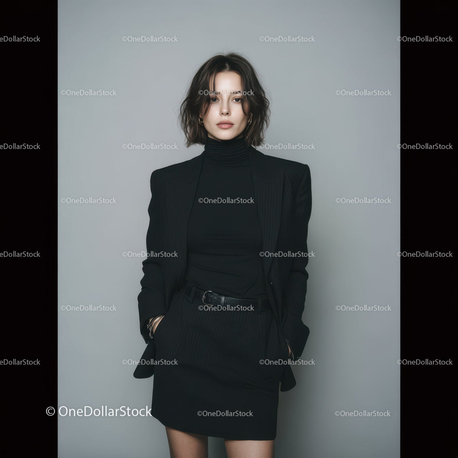 Stylish Woman in Black Blazer and Skirt in a Minimalist Photo Setup