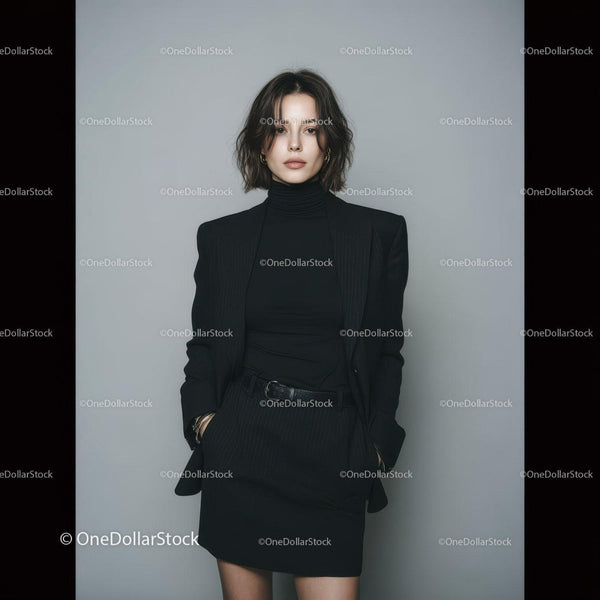 Stylish Woman in Black Blazer and Skirt in a Minimalist Photo Setup