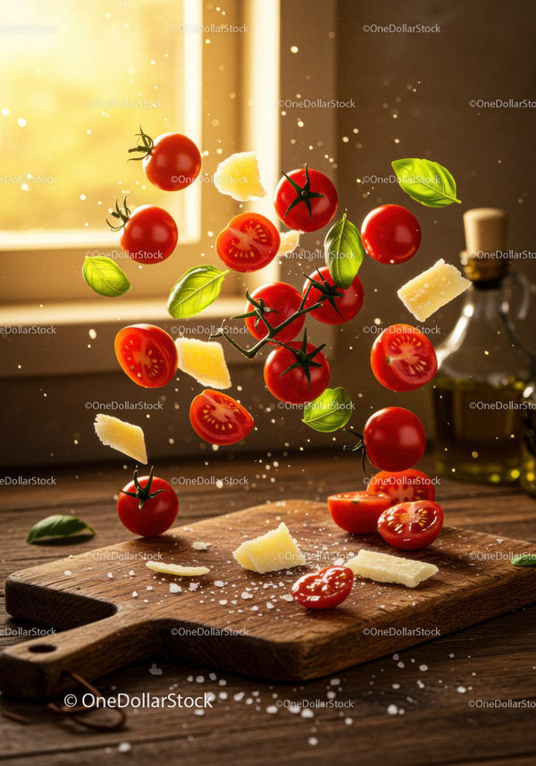 Świeże pomidorki koktajlowe z bazylią i parmezanem unoszące się nad deską