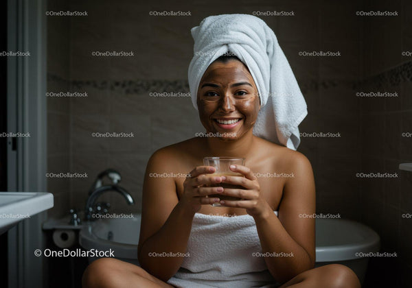 Uśmiechnięta kobieta z ręcznikiem na głowie ciesząca się rytuałem spa