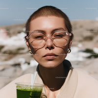 Stylish Woman with Short Hair and Sunglasses Sipping Green Smoothie at the Beach