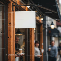 Blank hanging sign outside urban coffee shop entrance