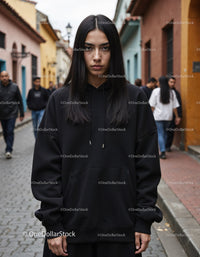 Fashionable Woman Wearing Black Hoodie in Urban City Street