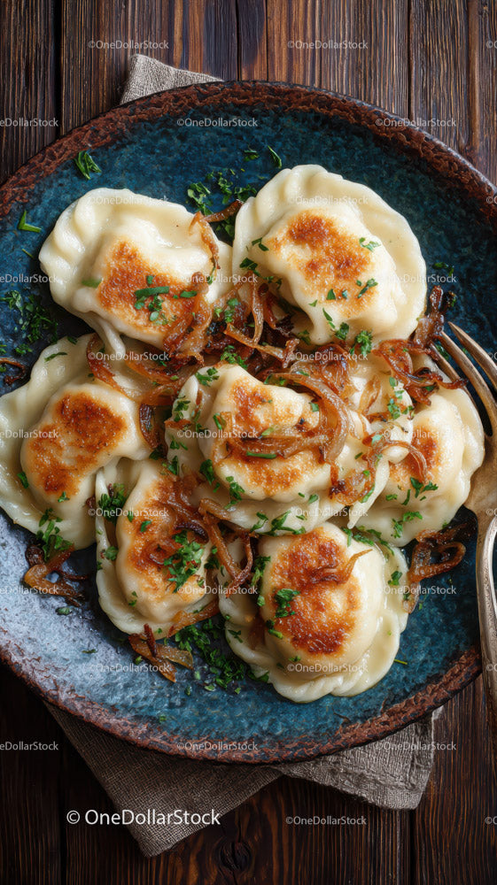 Delicious Fried Potstickers with Soy-Glazed Onion Garnish in a Rustic Bowl