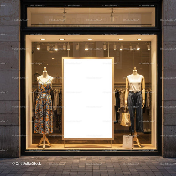 Chic fashion mannequins in stylish store window display JPG Mockup Image