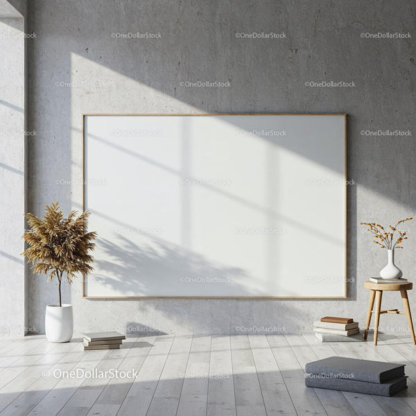 Minimalist room with blank canvas and natural light JPG Mockup Image