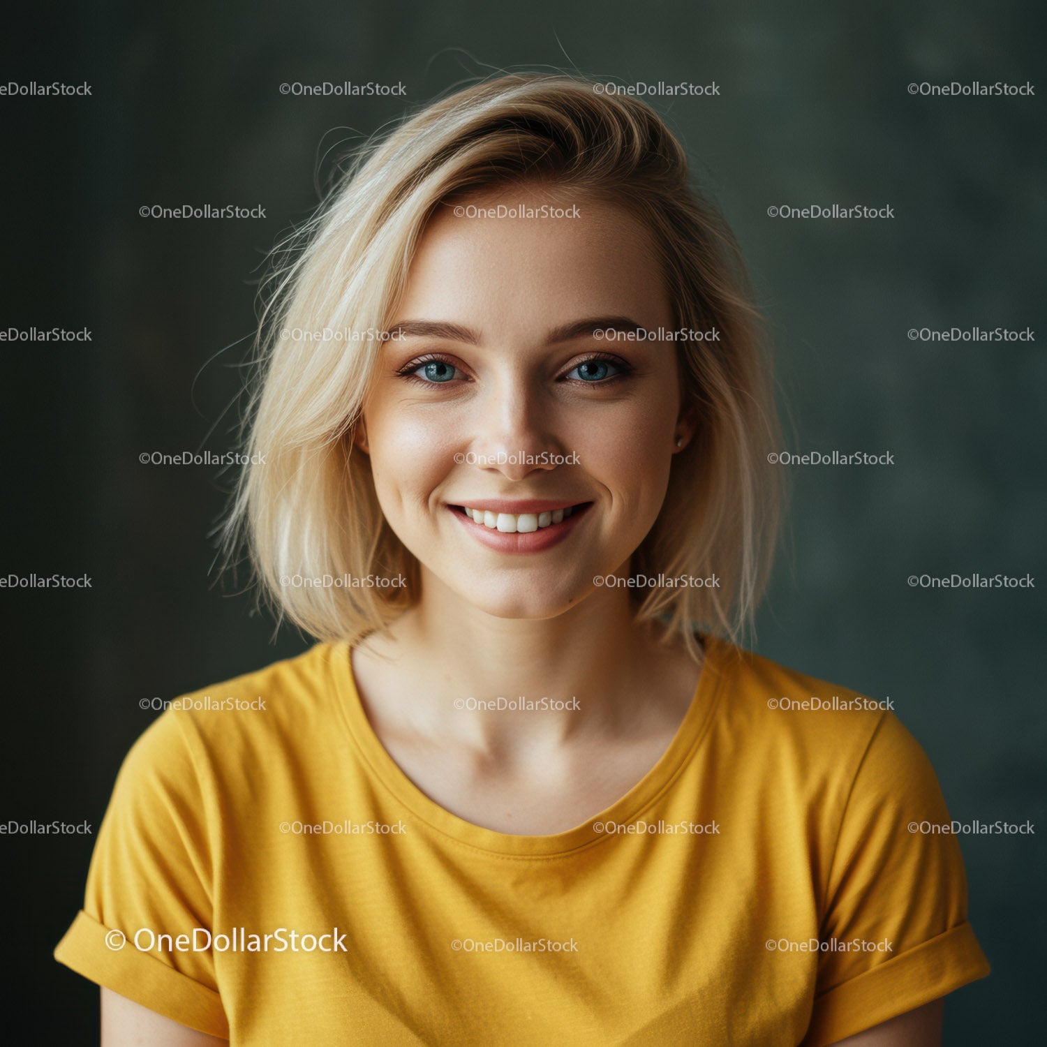 Jasna młoda kobieta z blond włosami, uśmiechająca się w żółtym topie
