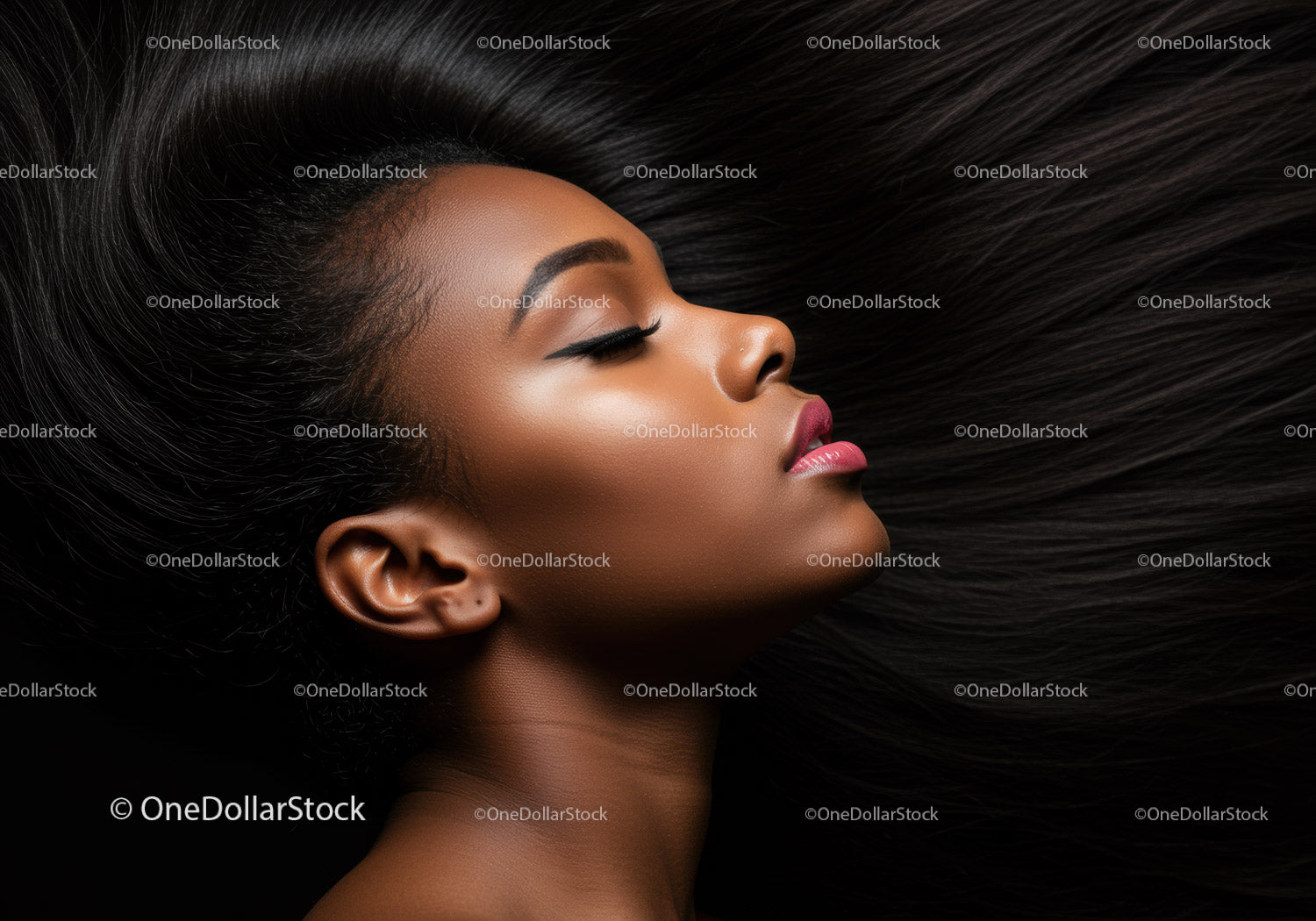 Serene profile of woman with flowing black hair
