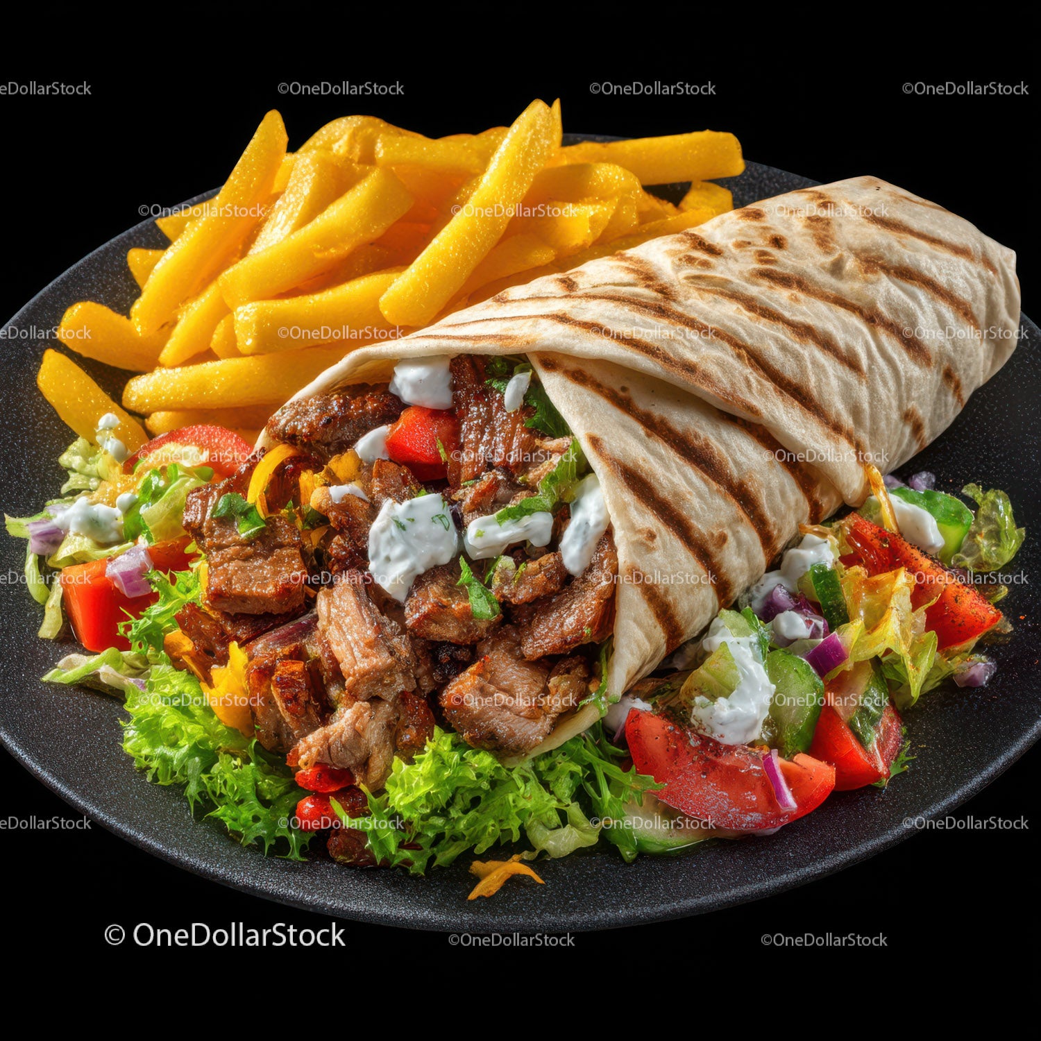Grilled Chicken and Vegetable Wrap with Salad and Fries on Black Plate