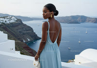 Elegant woman in blue dress overlooking scenic sea view