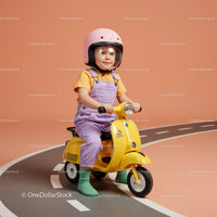 Toddler Riding Yellow Toy Scooter Wearing Pink Helmet