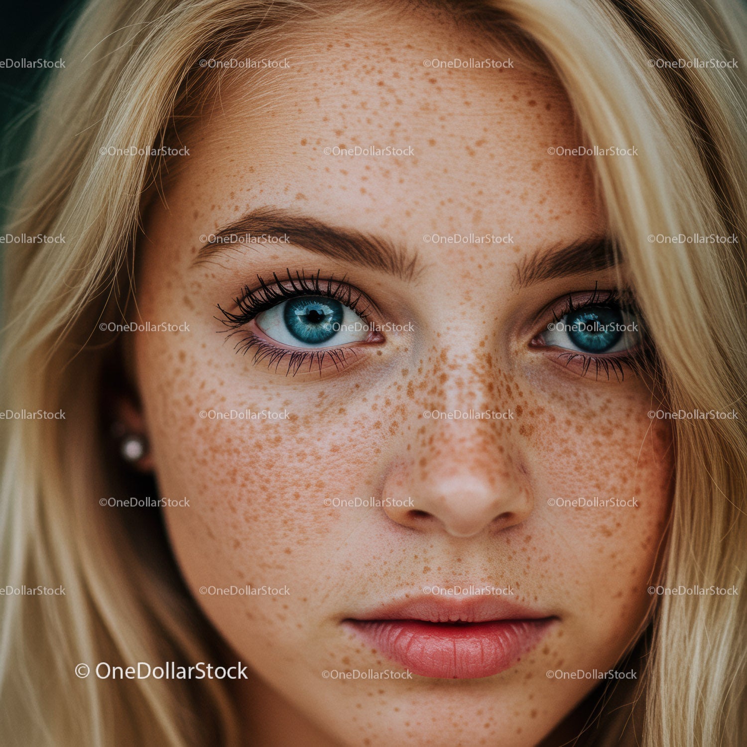 Close-up portrait of young woman with freckles and blue eyes