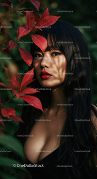 Elegant Woman with Red Lips in Botanical Foliage Outdoors