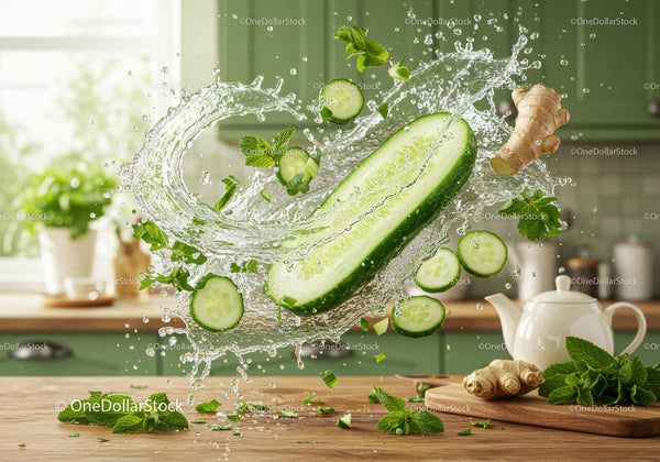 Fresh cucumber and ginger splash with mint leaves