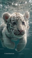 White tiger cub swimming underwater with piercing blue eyes