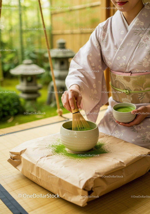 Kobieta w Kimonie Przygotowująca Tradycyjną Japońską Herbatę Matcha
