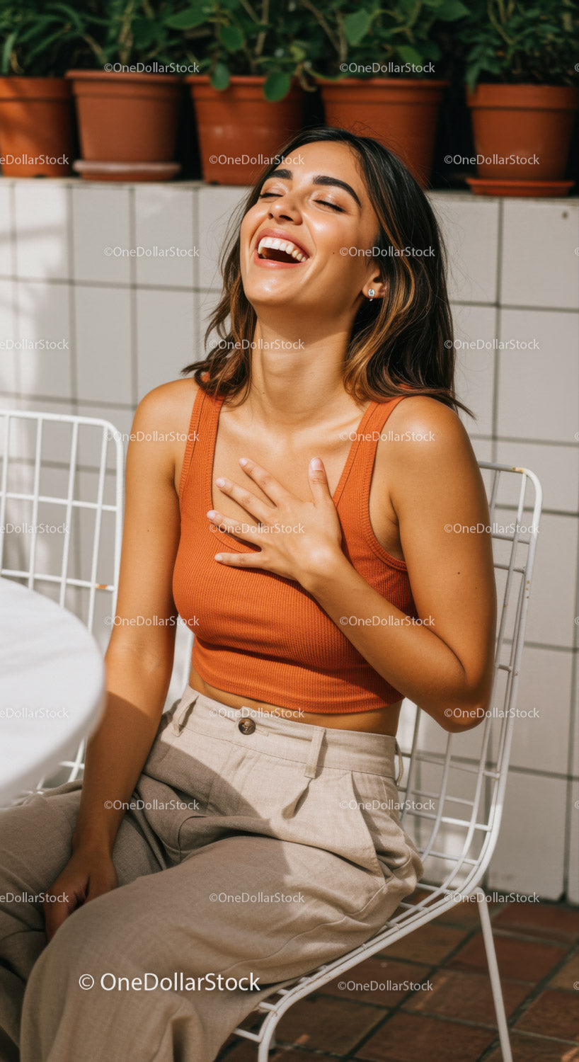 Woman Laughing Joyfully Wearing Orange Top in Modern Indoor Setting