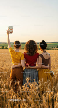 Women in Wheat Field with Mask Under Sunset Light