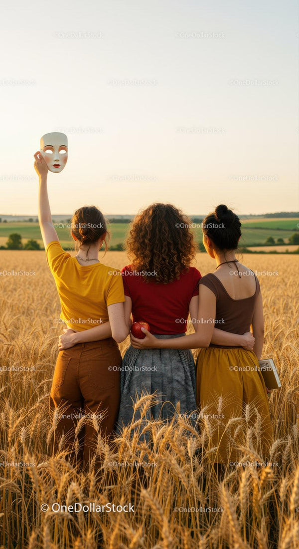 Kobiety na Polu Pszenicy z Maską w Świetle Zachodzącego Słońca