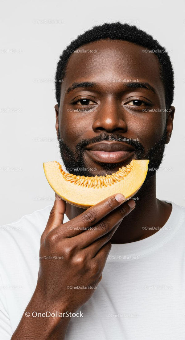 Portret uśmiechniętego mężczyzny z plasterkiem melona pokazujący świeże letnie owoce