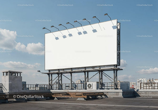 Blank billboard on urban rooftop under clear sky JPG Mockup Image