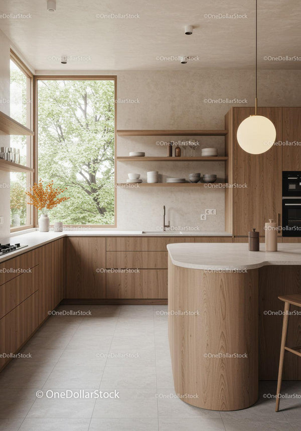 Bright Modern Kitchen with Wooden Cabinets and Large Window