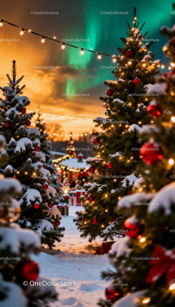 Snowy Christmas trees lit by festive lights at dusk