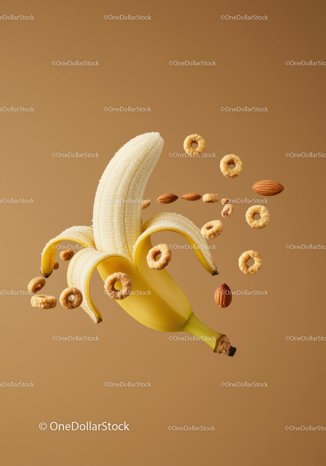 Peeled banana with floating almonds and cereal rings
