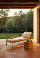 Modern Patio Lounge Chair with Cushions and Wooden Side Table in Garden