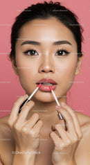 Young Woman Applying Lipstick with Glossy Lips on Pink Background