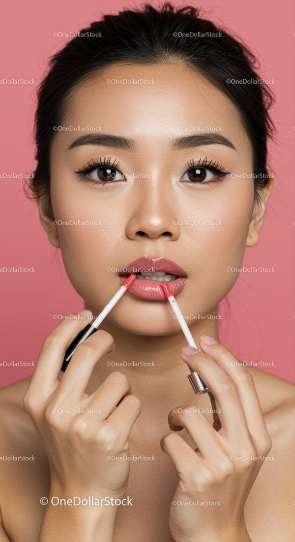 Young Woman Applying Lipstick with Glossy Lips on Pink Background