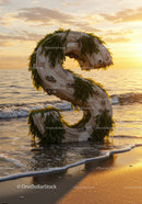 Wooden letter S covered in seaweed on sunset beach