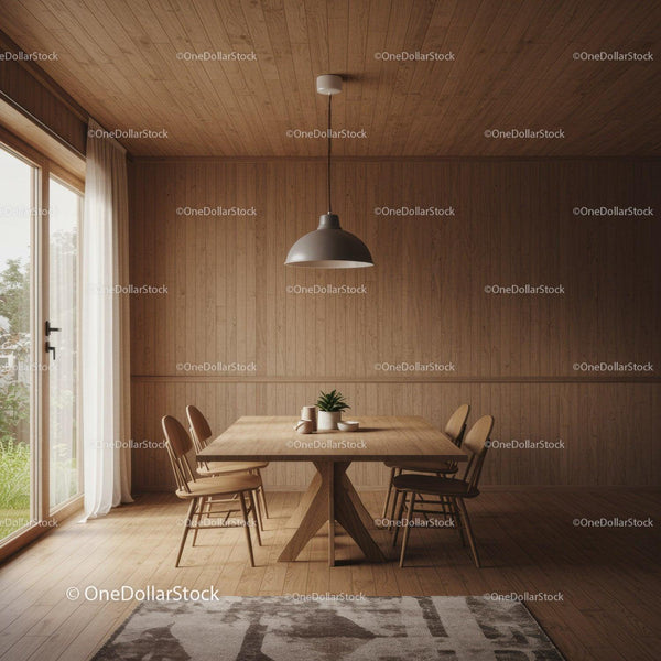 Modern Wooden Dining Room with Minimalist Design and Natural Light