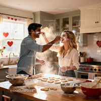 Couple Playfully Baking Heart Cookies in Sunlit Kitchen