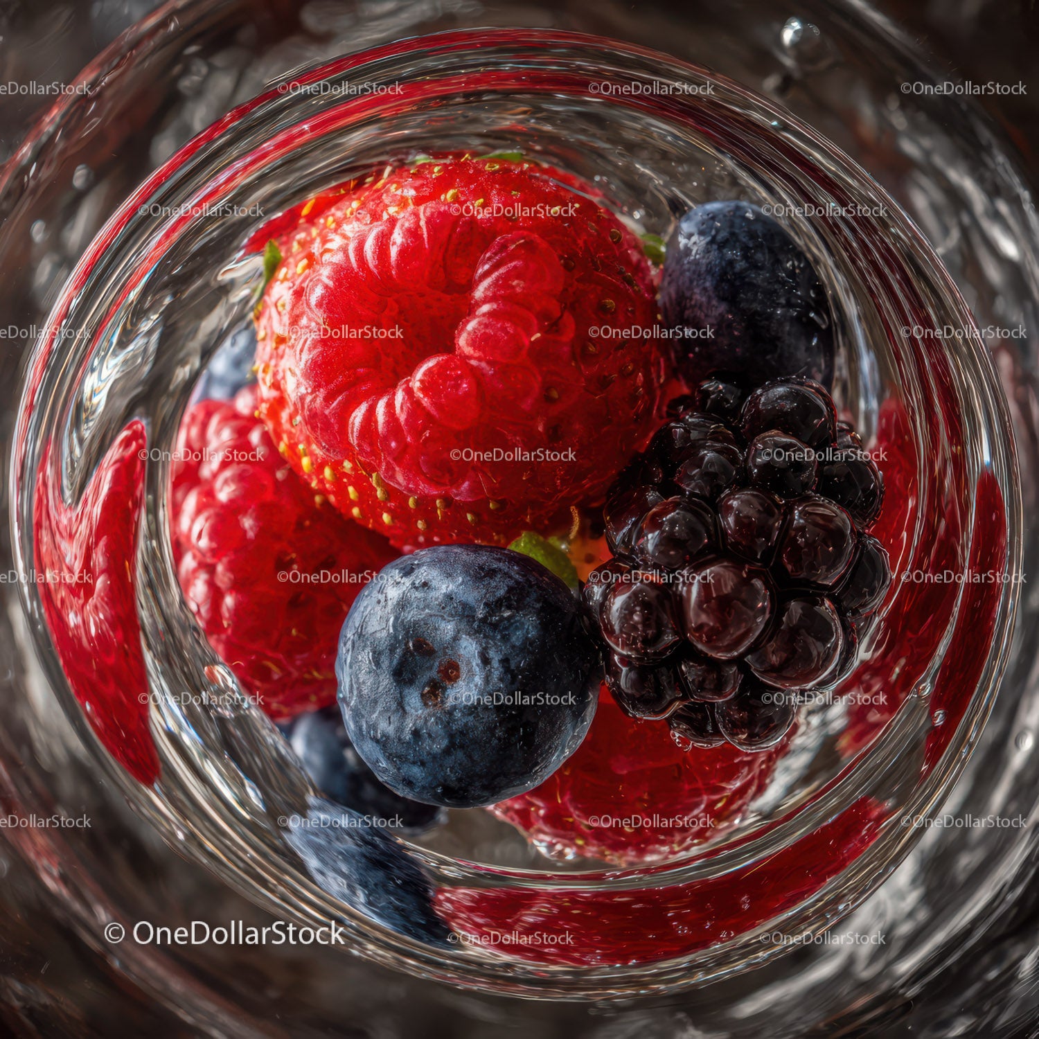 Close-up of Juicy Raspberries Blackberries and Blueberries in a Glass Bowl