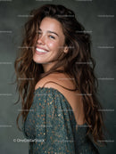 Brunette Woman with Wavy Hair and Bright Smile in Studio Portrait
