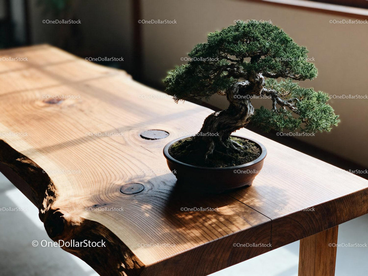 Miniature bonsai tree on rustic wooden table