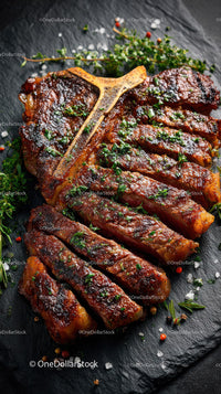 Grilled Beef Ribs with Fresh Green Herbs on Plate