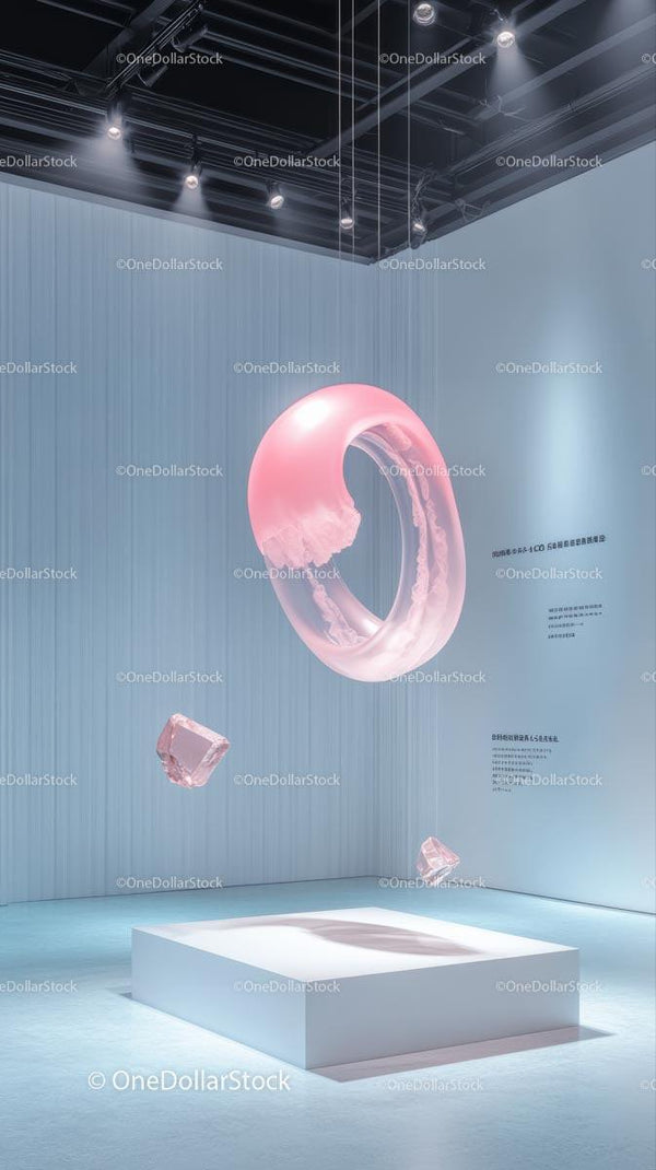 Futurystyczny Różowy Pierścień Zawieszony w Minimalistycznej Galerii Sztuki