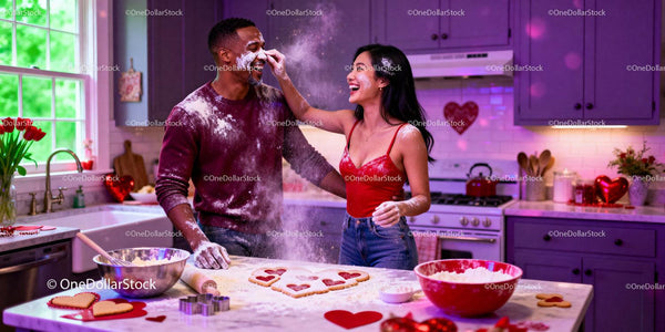Couple Playfully Baking Heart Cookies in Cozy Kitchen